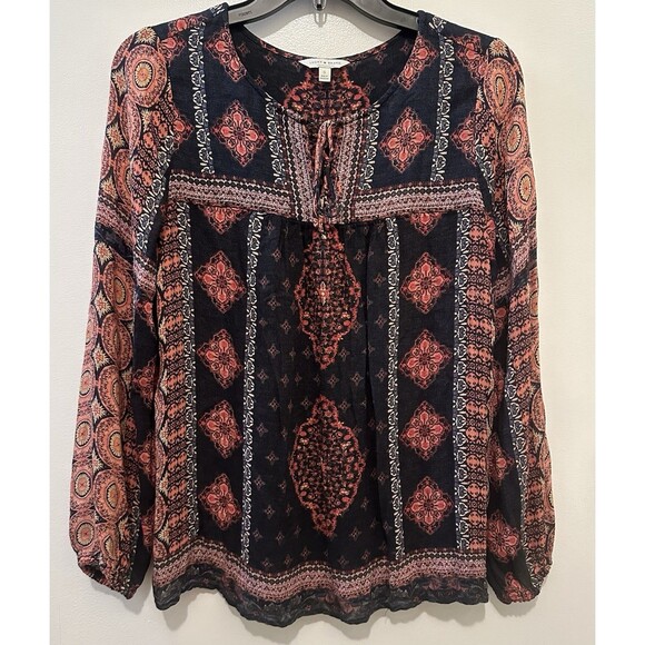 Lucky Brand Small Women's Top Blouse Boho Peasant Long Sleeve Paisley Gauzy - Picture 1 of 5